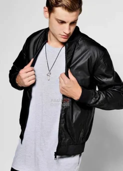 Black Rubberised Faux Leather Bomber Jacket