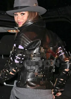 BLACK STRAPS AND BUCKLES ZENDAYA COLEMAN LEATHER JACKET