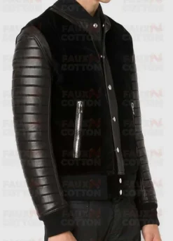 Black Suede With Sleeves Leather Bomber Jacket