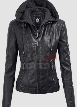 Black Women's Hoodie Leather Jacket
