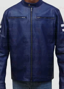 Blue Leather Jacket With White Stripes