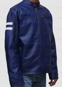 Blue Leather Jacket With White Stripes