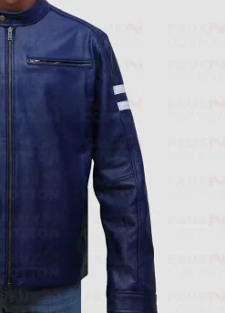 Blue Leather Jacket With White Stripes