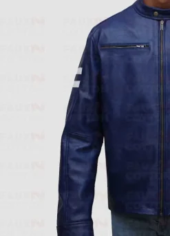 Blue Leather Jacket With White Stripes