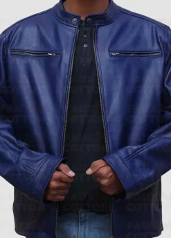 Blue Leather Jacket With White Stripes