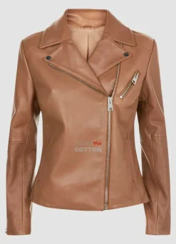 Camel Brown Ladies Biker Style Leather Jacket
