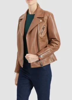 Camel Brown Ladies Biker Style Leather Jacket