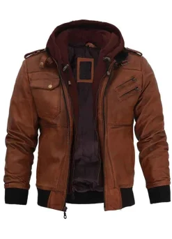 EDINBURGH MEN'S BROWN BOMBER LEATHER WITH REMOVABLE HOOD JACKET