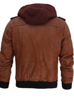 EDINBURGH MEN'S BROWN BOMBER LEATHER WITH REMOVABLE HOOD JACKET