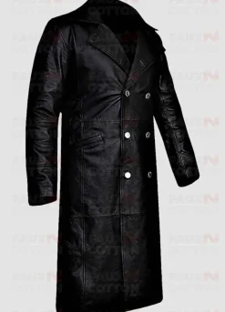German Classic Officer Black Leather Trench Coat