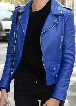 Hailey Baldwin Blue Biker Jacket