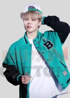K-Pop Bts Jungkook Army Zip Baseball Jumper Wool Green & Black Jacket