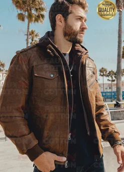 M2016-95 Flavor Men's Brown Leather Bomber Moto Jacket with Removable Hood