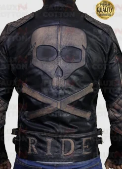 Men Motorcycle Skull Embossed Distressed Leather Jacket