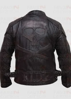 Men Motorcycle Skull Embossed Distressed Leather Jacket