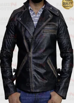 Men Motorcycle Skull Embossed Distressed Leather Jacket