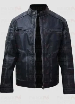 Men's Antique Blue Distressed Cafe Racer Cowhide Jacket