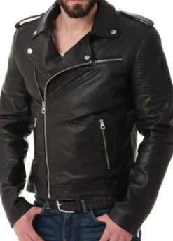MEN'S ASYMMETRICAL ZIPPER STYLISH BLACK LEATHER BIKER JACKET