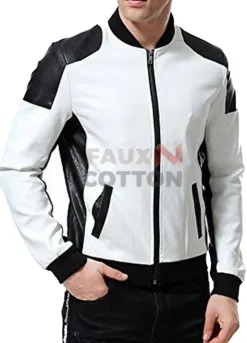 Mens Black And White Leather Biker Jacket