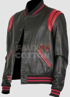 Men's Black Bomber With Red Stripes Leather Jacket
