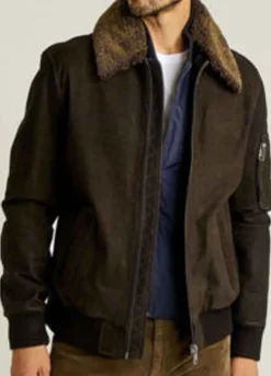 Men’s Bomber Fur Collar Dark Brown Jacket