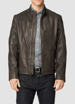 Mens Brown Washed Leather Moto Jacket