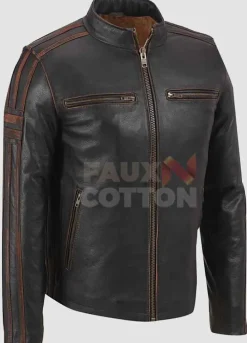 Men's Cafe Racer Stripe Brown Leather Jacket