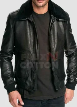 Men's Fur Collar Black Leather Jacket