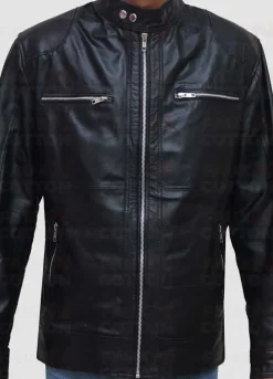 Men's slim fit black biker leather jacket
