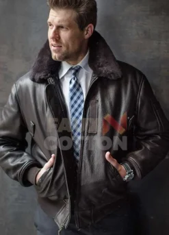 Mens Slim Fit Cowhide Fur Collar Bomber Aviator Jacket