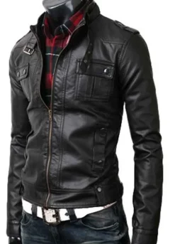 MENS STRAP POCKET BLACK LEATHER JACKET