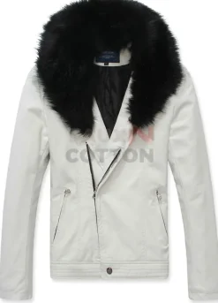 Men's White Leather Jacket With Fur Collar