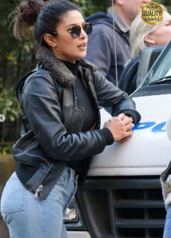 Priyanka Chopra Black Fur Leather Jacket