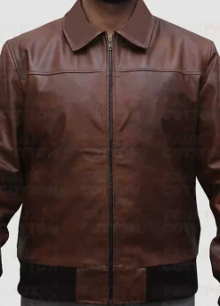Shirt Collar Slim Fit Brown Leather Jacket