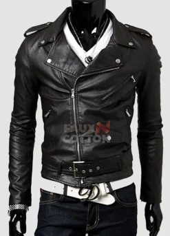Slim Fit Belted Rider Black Leather Jacket