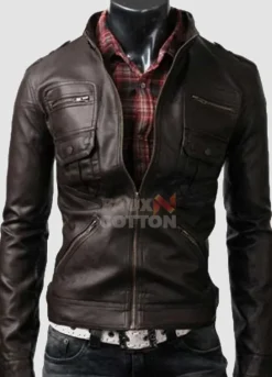 Slim Fit Belted Rider Zip Dark Brown Cowhide Jacket