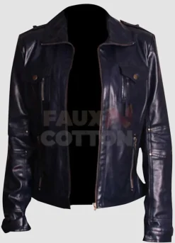Slim Fit Navy Blue Leather Women's Jacket