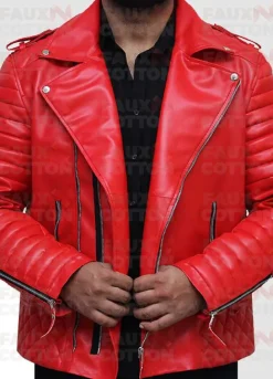 Slim Fit Red Quilted Biker Faux Leather Jacket