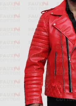 Slim Fit Red Quilted Biker Faux Leather Jacket