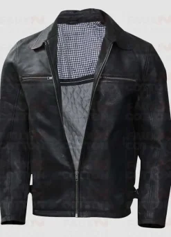 Slim Fit Shirt Style Collar Leather Jacket