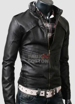 Slim Fit Strap Black Cowhide Leather Jacket
