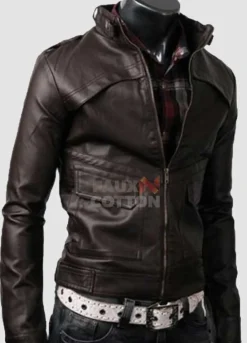 Slim Fit Strap Dark Brown Leather Jacket