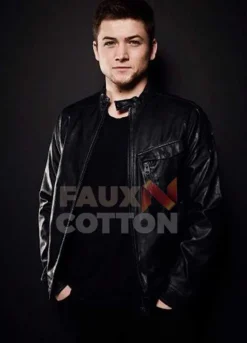 Taron Egerton Black Biker Leather Jacket