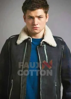 Taron Egerton Fur Black Leather Jacket