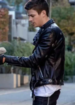 THE FLASH ELSEWORLDS (BARRY ALLEN) GRANT GUSTIN BLACK LEATHER JACKET