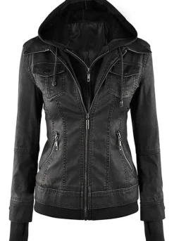 TRALEE WOMEN'S LEATHER HOODED BLACK JACKET