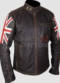 UK Flag Brown Distressed Leather Jacket