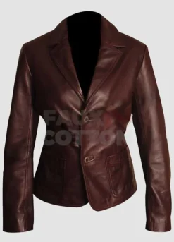 Women Dark Brown Slim Fit Leather Blazer