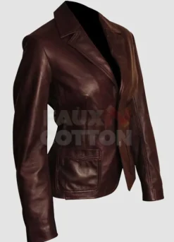 Women Dark Brown Slim Fit Leather Blazer