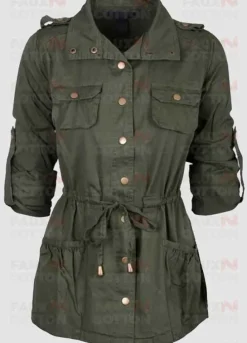 Women Military Green Belted Cotton Coat